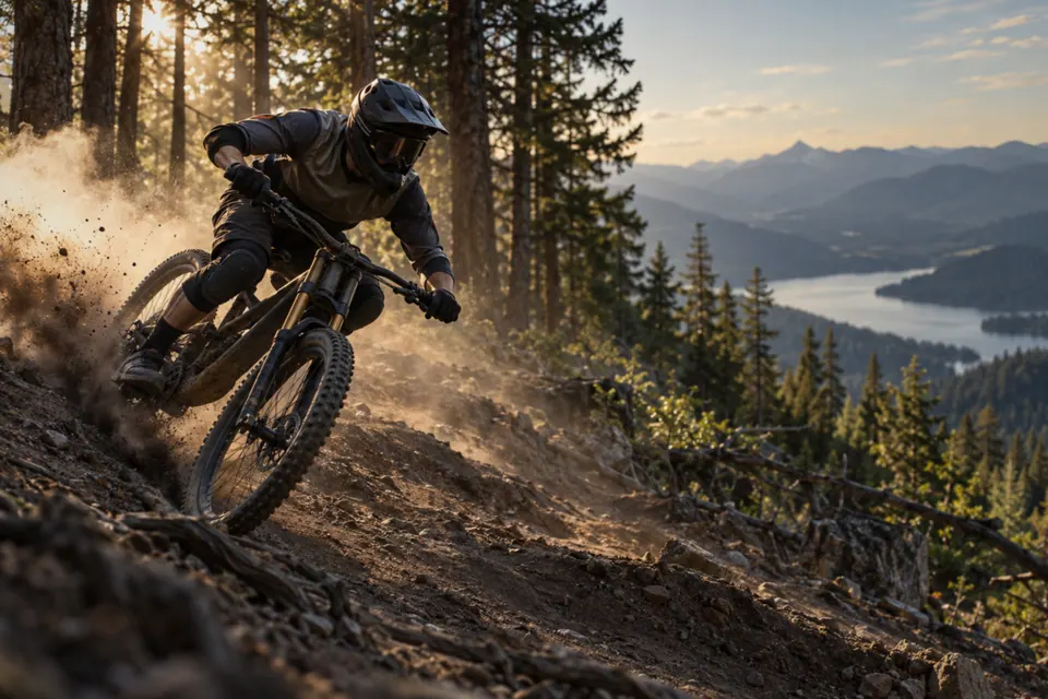 A rider on a downhill bike in loose dust, front wheel turned into the corner.