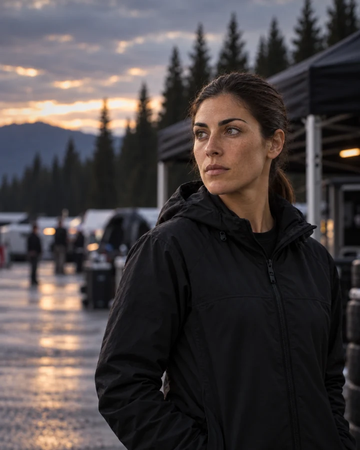 Noa Ferreday standing in a race paddock at the end of the day, jacket zipped, looking away from the camera.