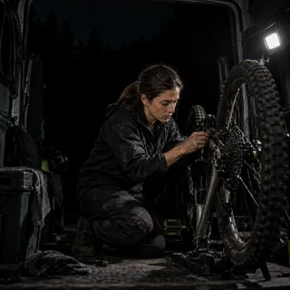 Kneeling beside the bike in the van the night before a round, one work lamp on her hands.