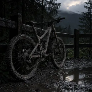The bike leaned against a fence after a wet run, the whole machine grey with dried mud.