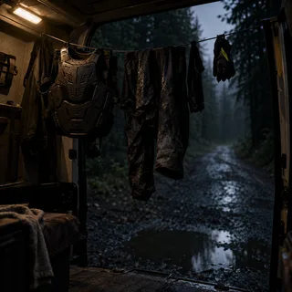 Kit and body armour hung to dry in the van door at dusk.