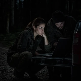 Crouched over a laptop on a tailgate with her mechanic, the screen the only light on either face.