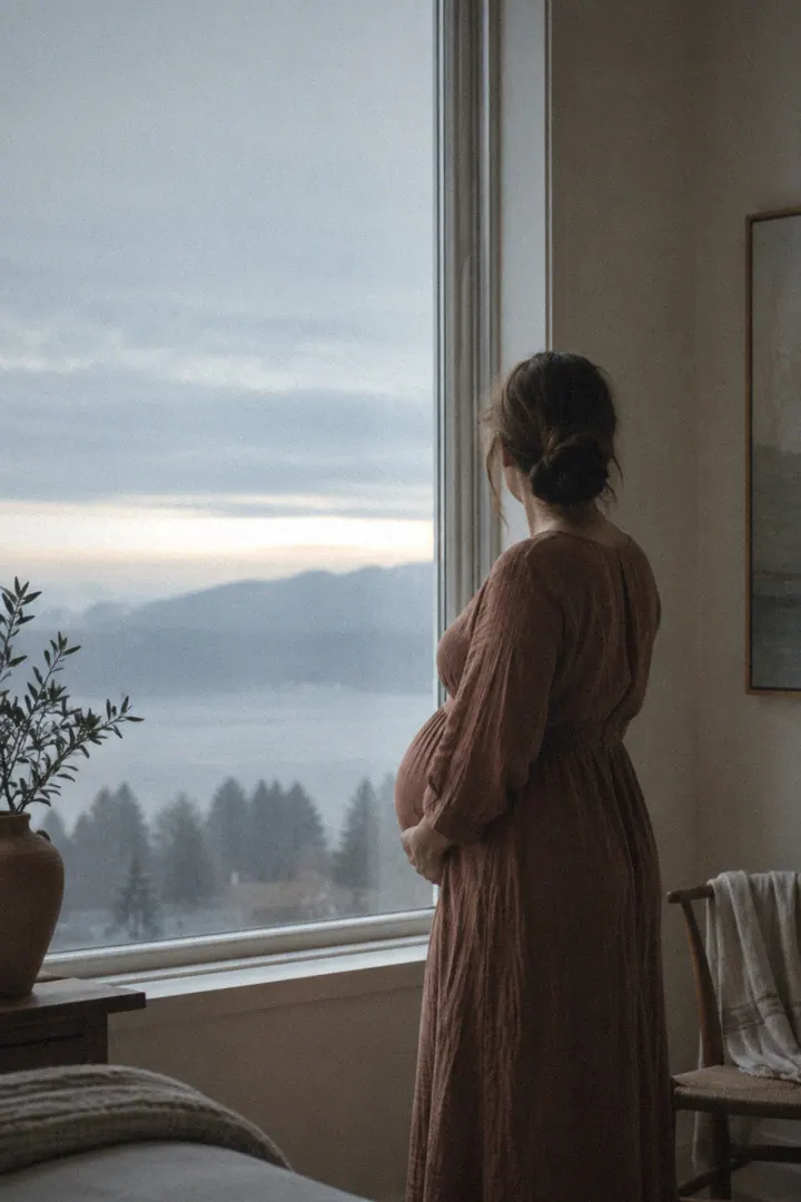 A woman late in pregnancy stands at a window in a quiet room, one hand resting low, looking out at the morning.