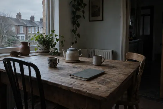 A kitchen table by a window with two mismatched chairs, a pot of tea and a closed notebook.