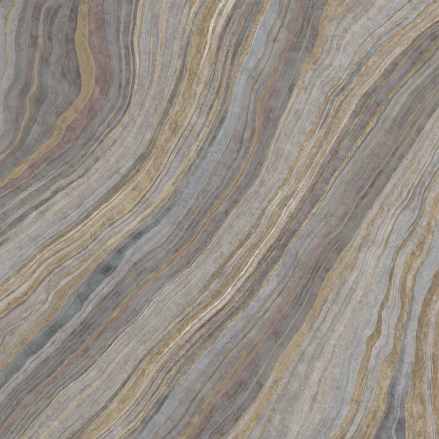 Detail of the same slab: the banding resolves into fine layers a millimetre or two apart, with crystalline gold seams between them