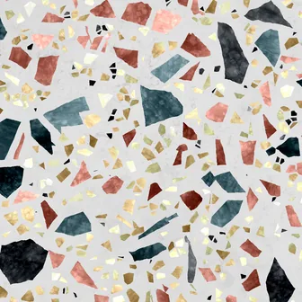 Terrazzo Grano, polished: pale cement matrix set with ochre, rust, teal and black chips