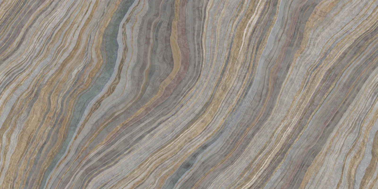 The whole slab: grey, gold and rust layering sweeping diagonally across the whole face, crossed by two pale blue seams